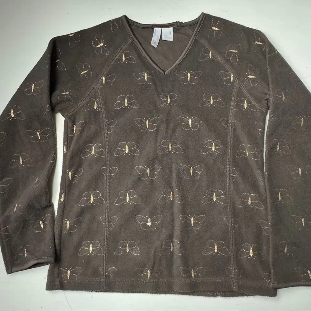 Old Navy Girl’s Long Sleeve V Front Brush Fleece Brown Gold Long Sleeve Sz M (8)